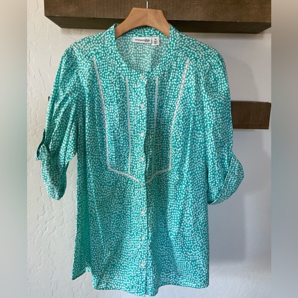 St. John’s Bay|Mint Blue Polka Dot Button Down Long Sleeve Blouse with Crotchet• - Picture 9 of 9